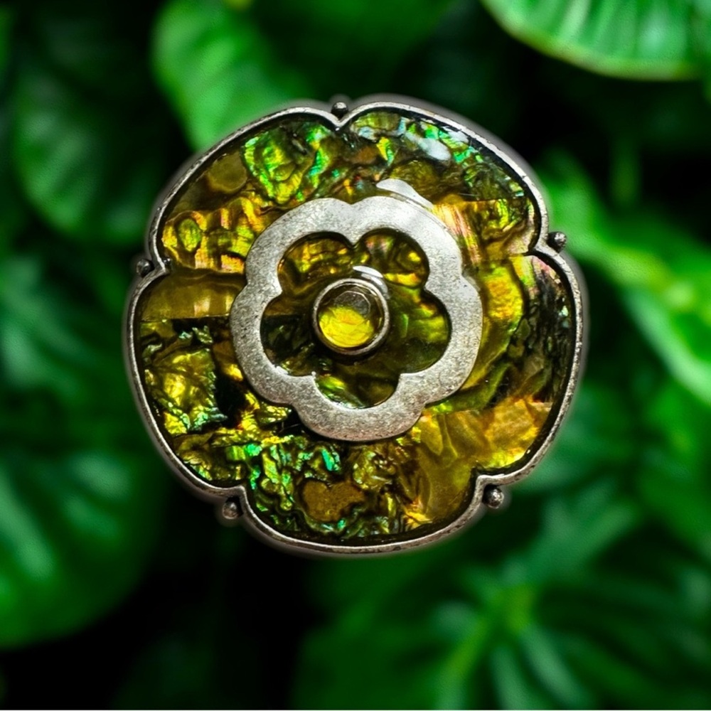 VINTAGE BROOCH Floral Design Green Abalone Silver Pin Yellow Rhinestone Center